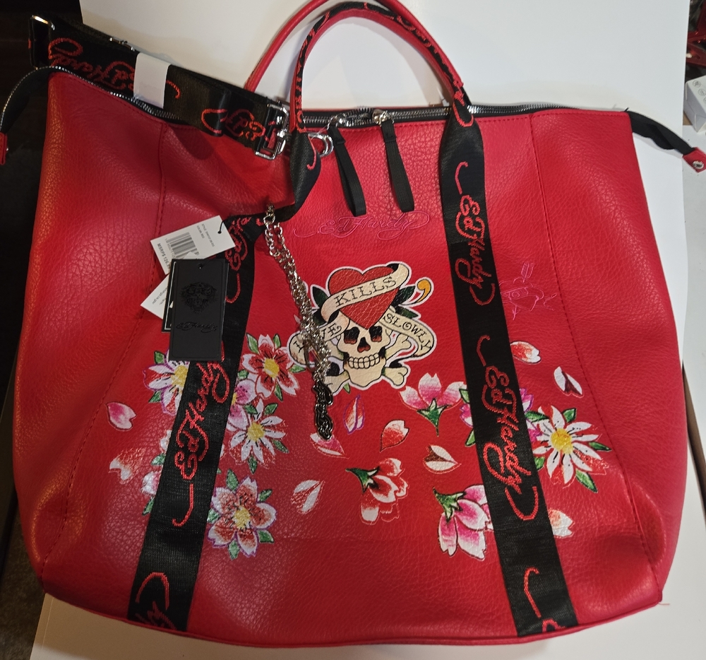 Ed Hardy Weekend Red Floral Skull Tote with Branded Strap Detail Ed Hardy charm